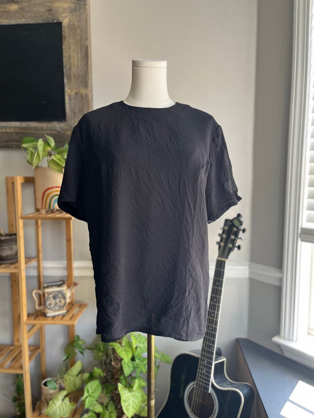 Vintage 90s Textured Silk Blouse Black Short Sleeve Talbots Size Large